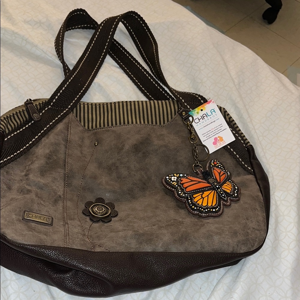 Chala Brown and Gray Shoulder Bag with Butterfly Charm